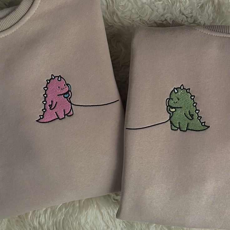 2-Pack: Dino Talking on Phone Beige Embroidery Sweatshirts