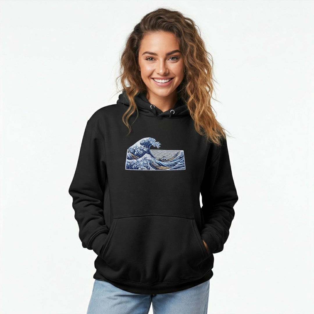 Great Ocean Wave Black Single Embroidery Hoodie