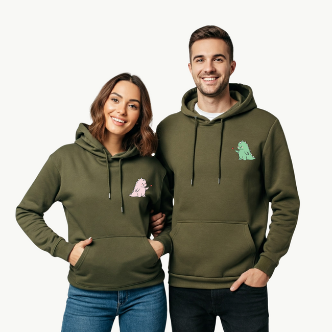 2-Pack Olive Green Cute Dino Couple Hoodies Hover Image