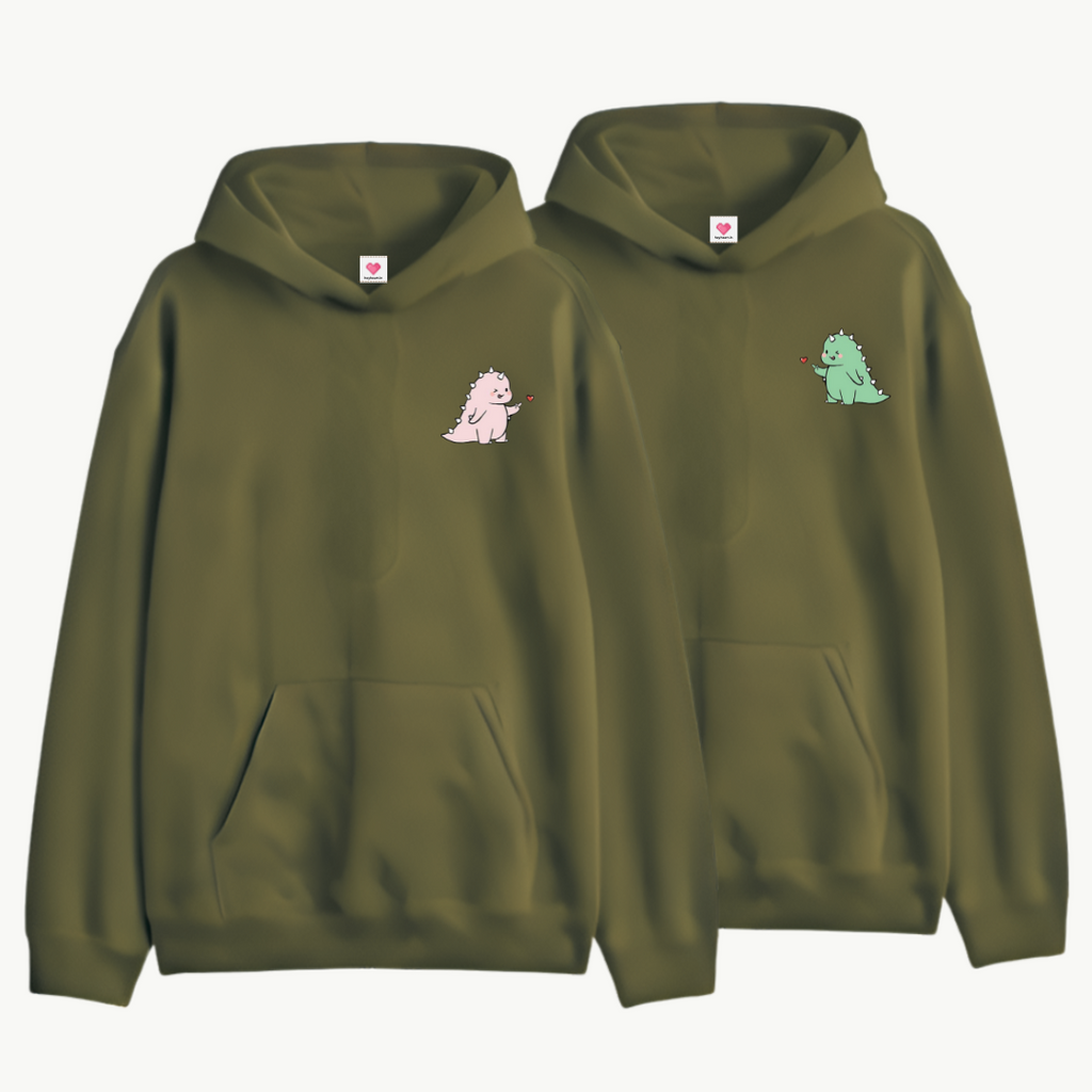 2-Pack Olive Green Cute Dino Couple Hoodies