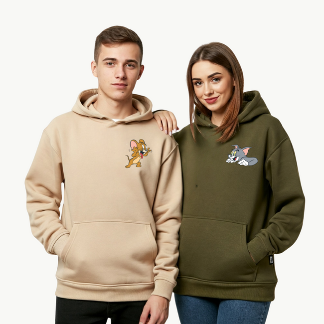 2 Pack : Mocking Jerry & Scaring Tom Olive Green & Beige Couple Hoodies Hover Image