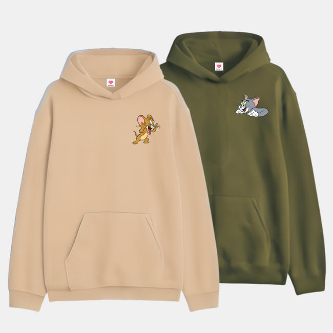 2 Pack : Mocking Jerry & Scaring Tom Olive Green & Beige Couple Hoodies Main Image