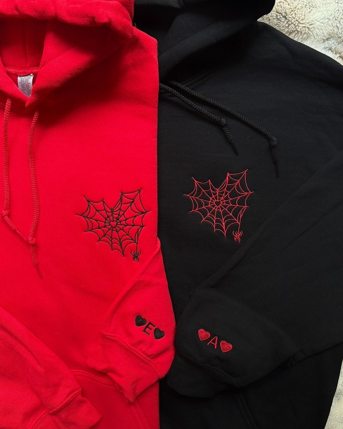 2-Pack: Spider-Web Heart with Custom Sleeves Embroidery Couple Hoodies
