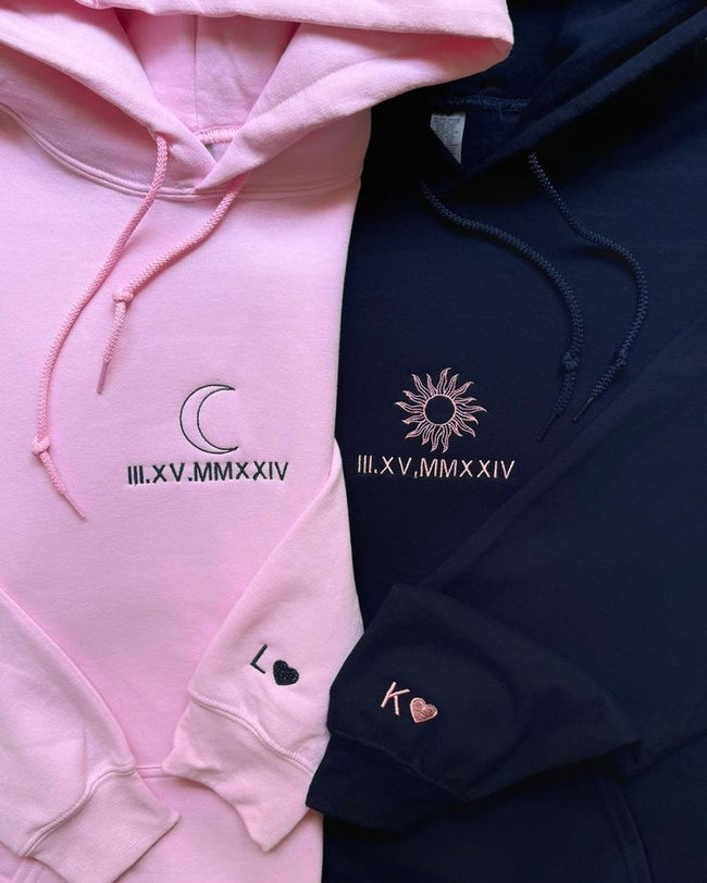2 Pack : Sun and Moon Custom Date & Initials Embroidery Couple Hoodies Hover Image