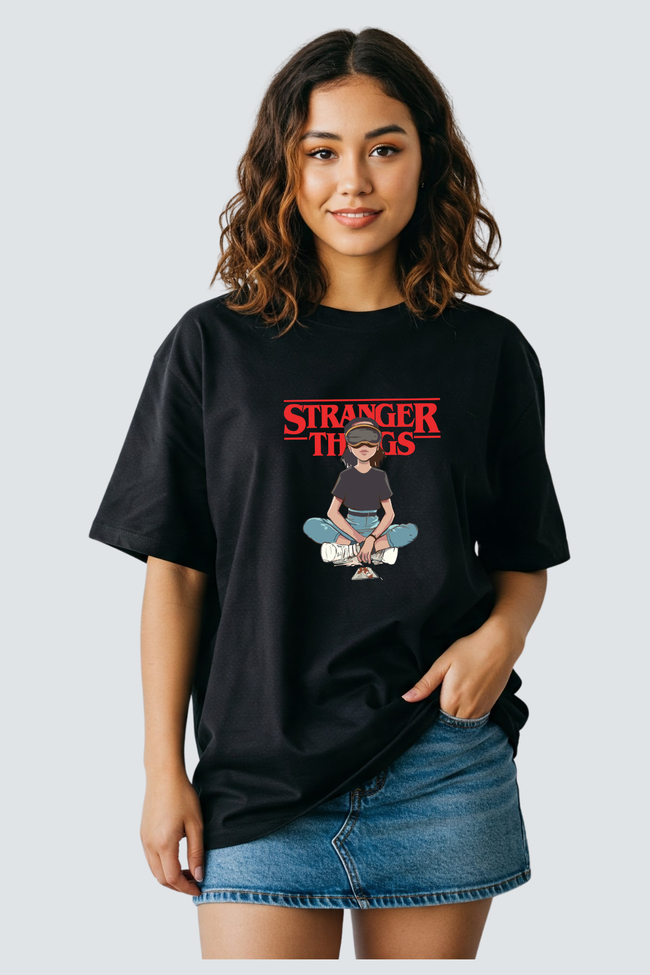 Stranger Things Eleven Printed Black T-Shirt Hover Image