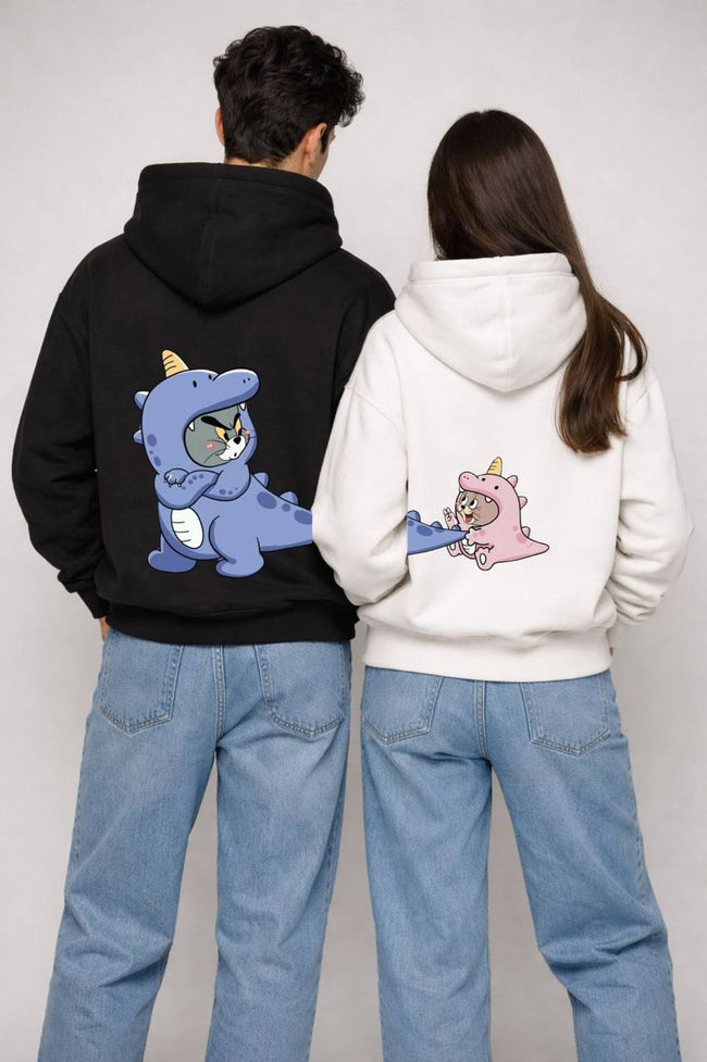 2 Pack : Angry Dino Tom & Happy Dino Jerry Black & White Couple Hoodie Hover Image