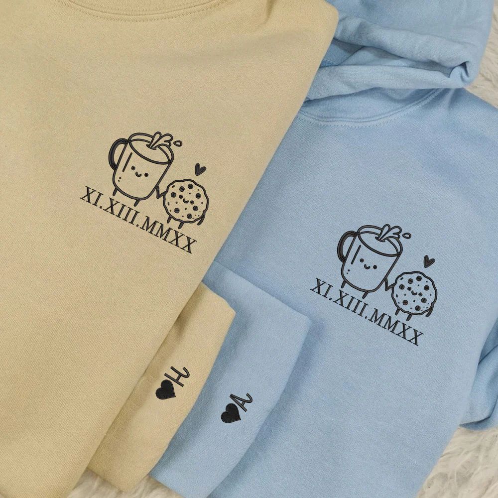 2-Pack: Cookie with Custom Date and Initial Embroidery Couple Hoodies