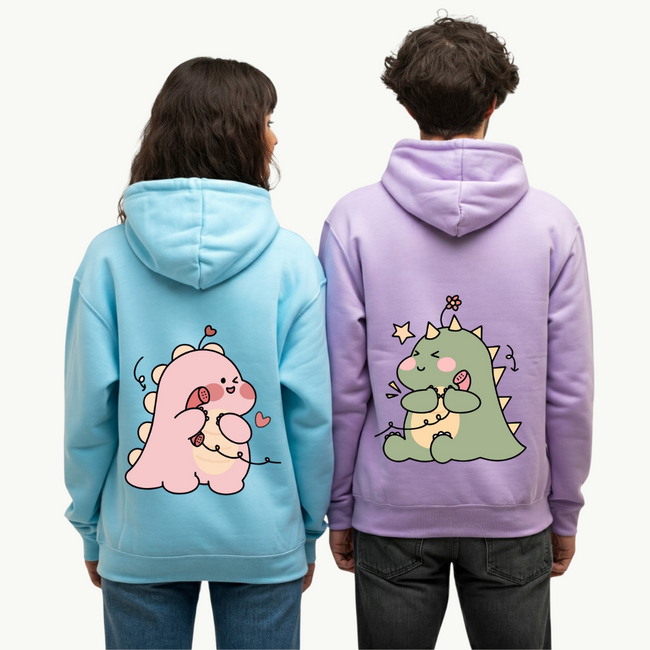 2 Pack : Blushing Dino Lilac & Skyblue Couple Hoodie Hover Image