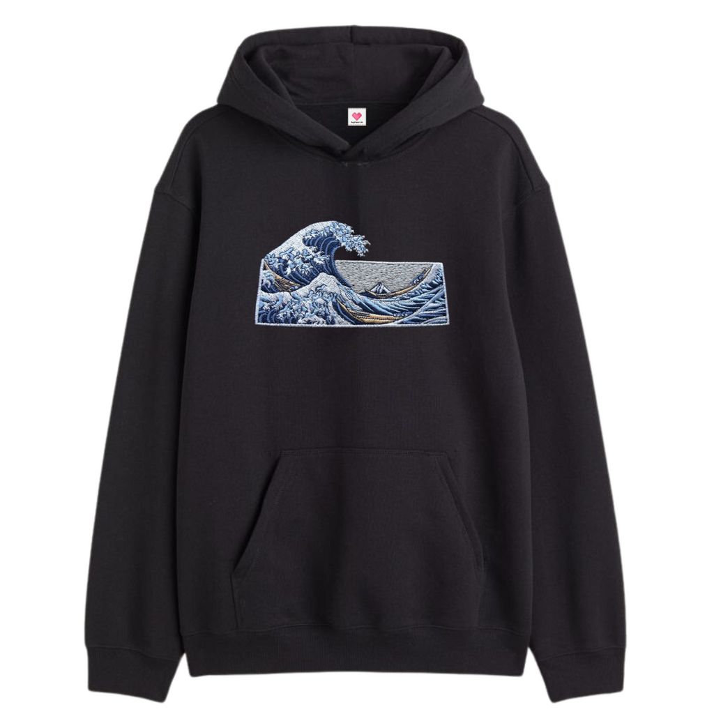 Great Ocean Wave Black Single Embroidery Hoodie