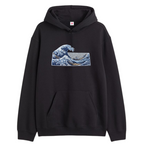Great Ocean Wave Black Single Embroidery Hoodie
