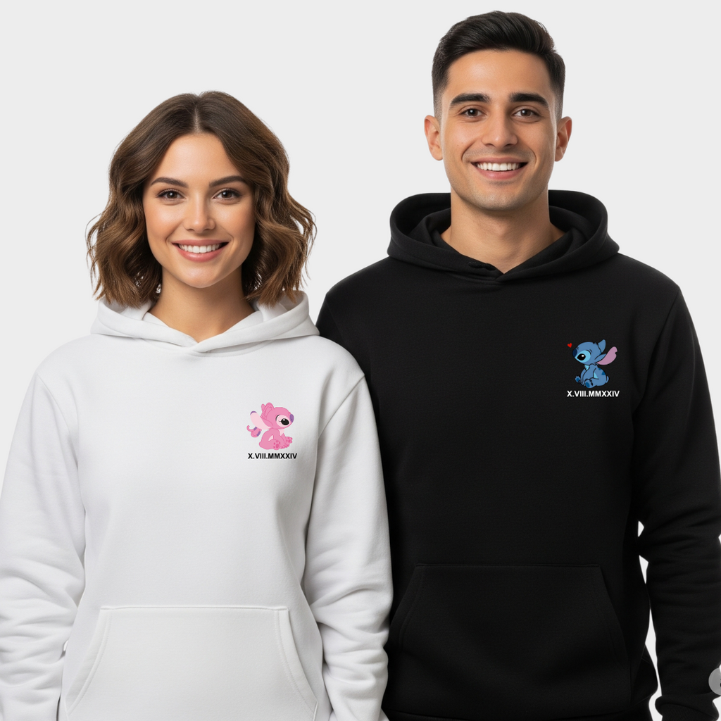 2 Pack: Custom Dates Angel and Stitch in Love Couple Hoodies