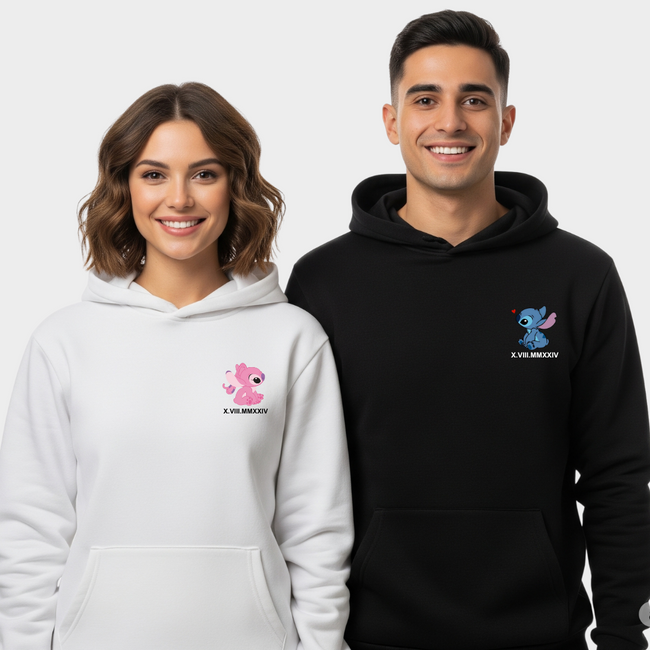 2 Pack: Custom Dates Angel and Stitch in Love Couple Hoodies Main Image