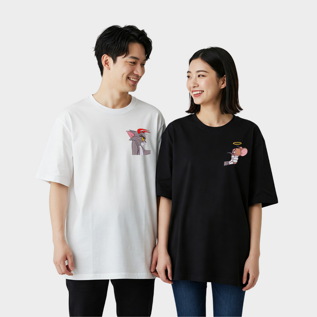 2 Pack : Devil Tom & Angel Jerry Black White Couple T-Shirt Hover Image