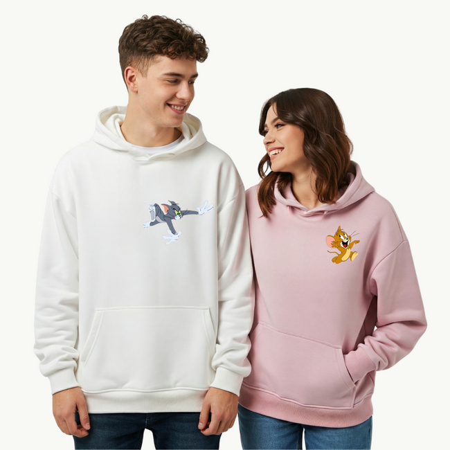 2 Pack : Tom Catching Jerry White & Pink Couple Hoodie Hover Image